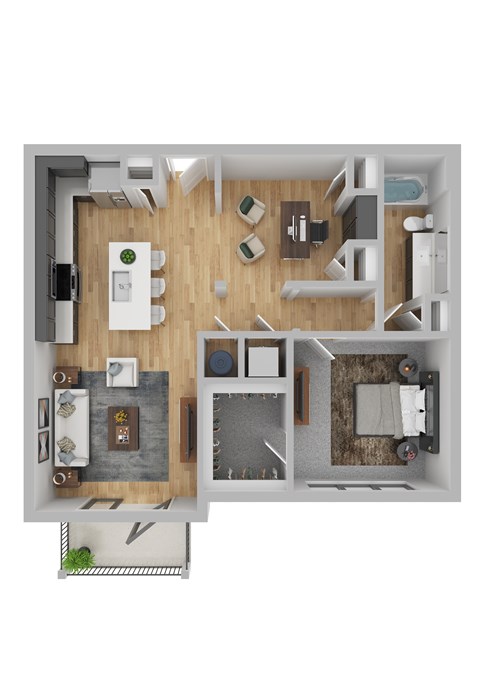 A top-down view of a small apartment with a kitchen, living room, and bathroom.